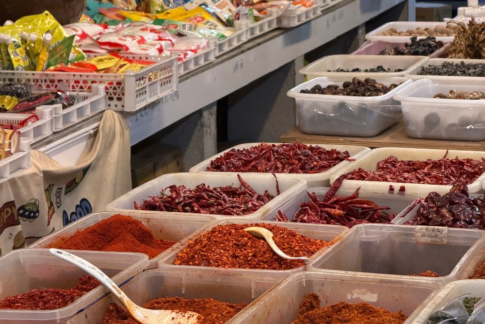 Different kind of spices in Chengdu’s spice market, China.