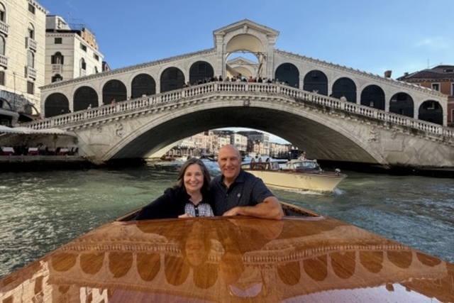Maggie and Eric Kuhn on a private water taxi tour of the Grand Canal in Venice, Italy.